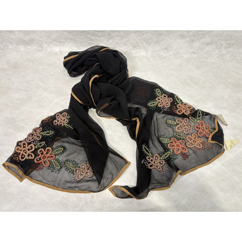 Lord and Taylor‎ Silk Beaded Floral Scarf Black Gold Sheer Embroidered NWT Y2K